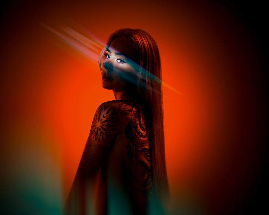 Prism Thief: Long hair and a tattooed arm in silhouette, a prism beam across the eyes, on burnt orange