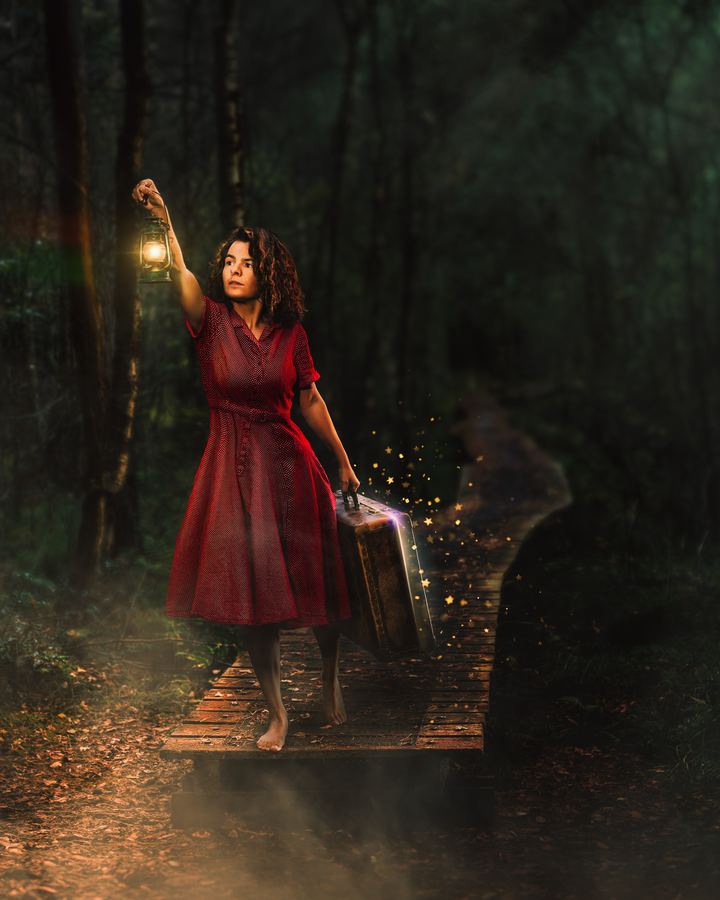 Runaway: Barefoot in a red dress on a forest boardwalk, lantern raised, a glowing suitcase in hand