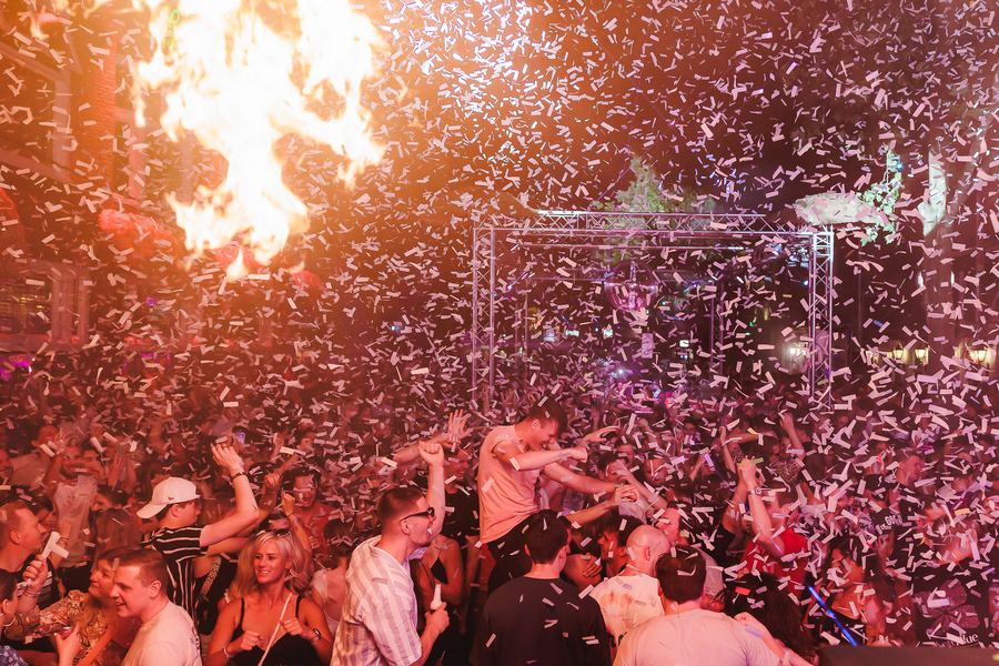 A fire jet and confetti over the main stage