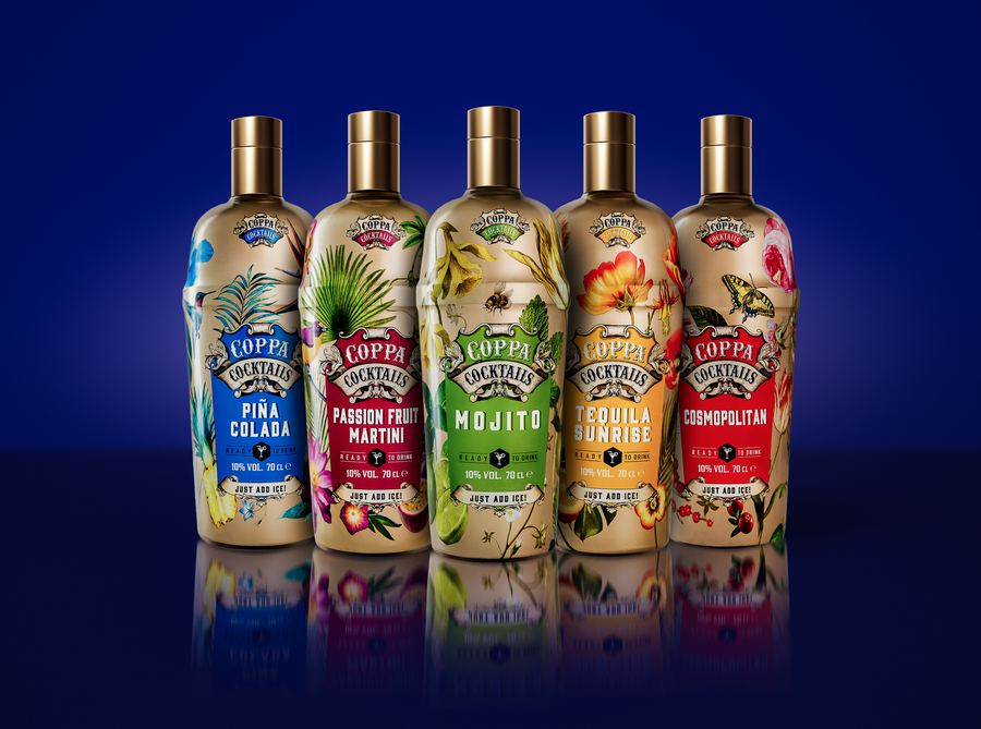 Five Coppa Cocktails bottles in a row, mirrored on deep blue