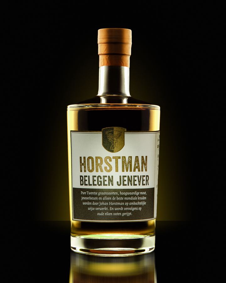 Horstman belegen jenever, backlit gold on black